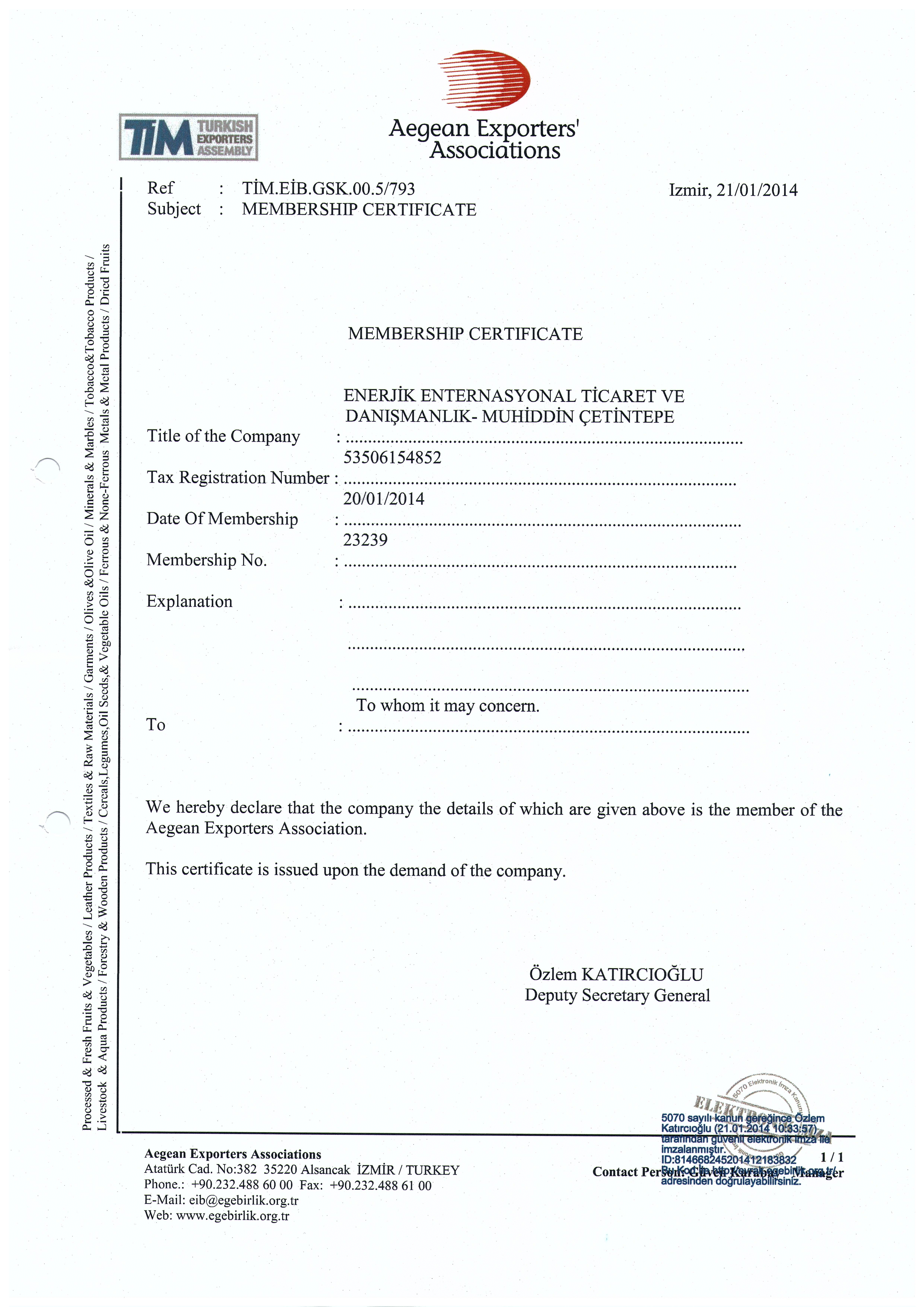 Aegean Exporters' Associations Membership Certificate